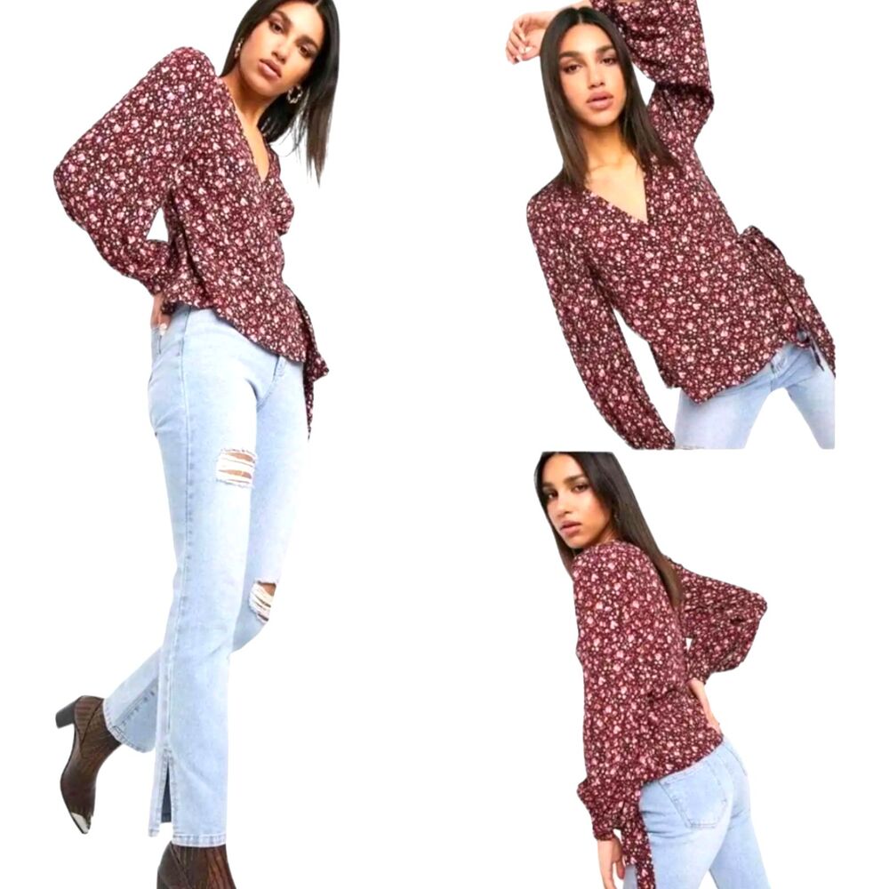 Sz 8 & Other Stories Relaxed Sleeve Wrap Top Blouse Floral Ditsy Long Sleeve